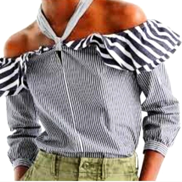 J. Crew Off The Shoulder Cropped Blue White Nautical Blouse - Picture 1 of 10